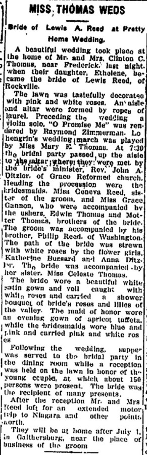 Reed Wedding The Daily News, Frederick, MD Wed June 16,1920